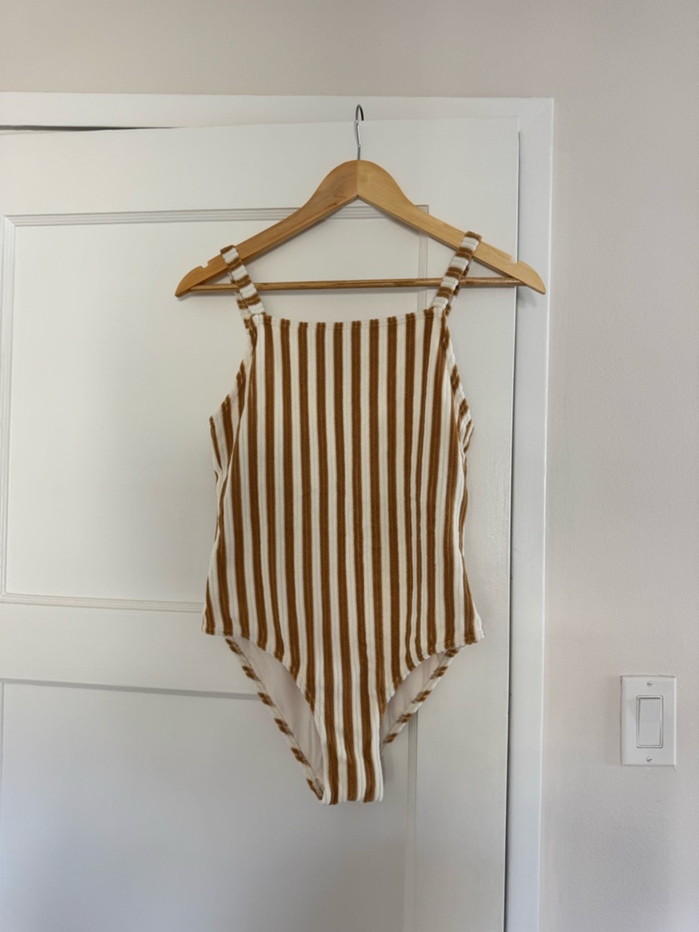 Rylee + Cru Brown and Cream Striped One-Piece Swimsuit
